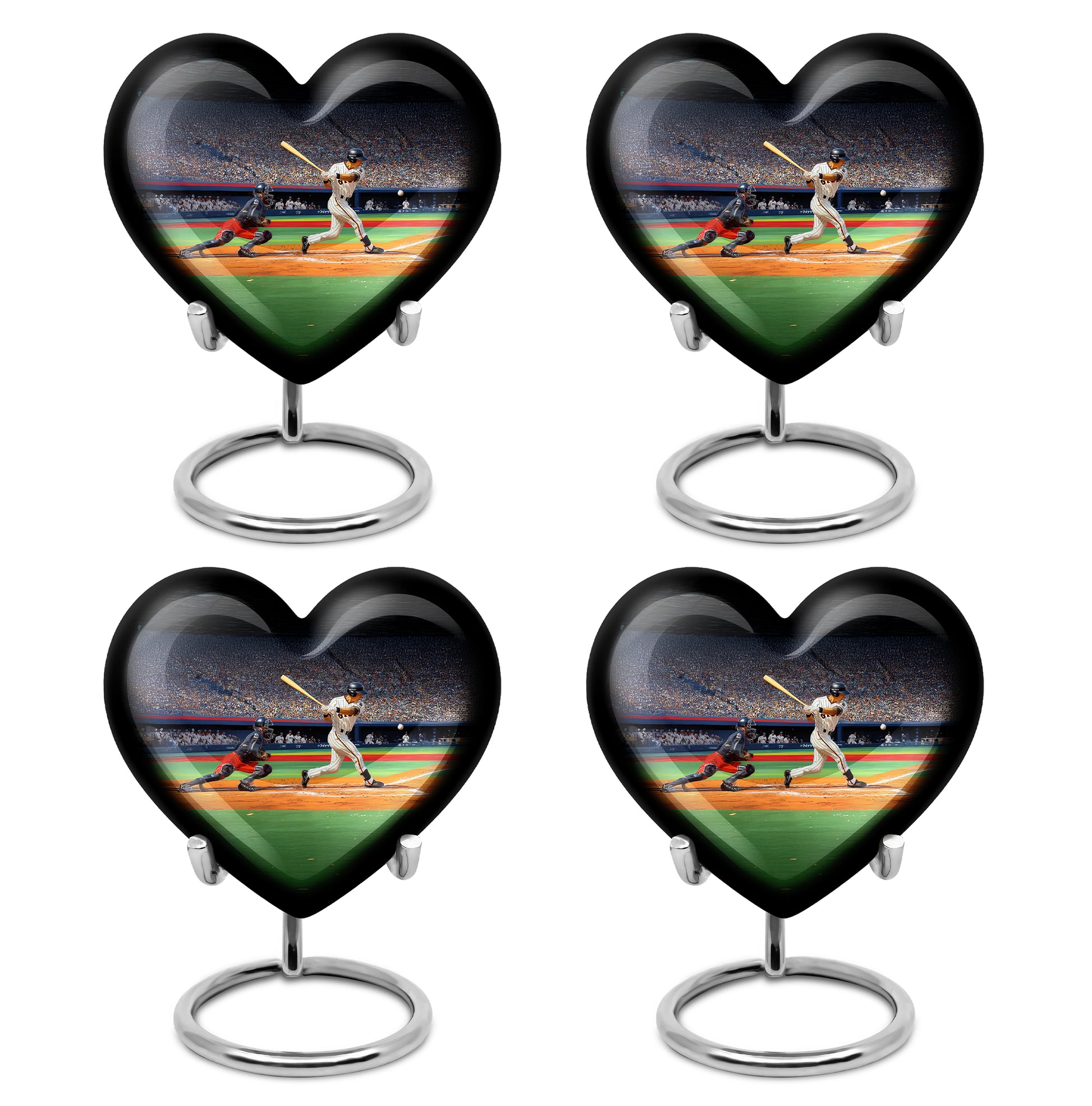 Onyx Black Baseball Cremation Urn angled view of lid and engraved motif - romantic heart urn with baseball motif on aluminum - 10 inch aluminum urn for cremated remains