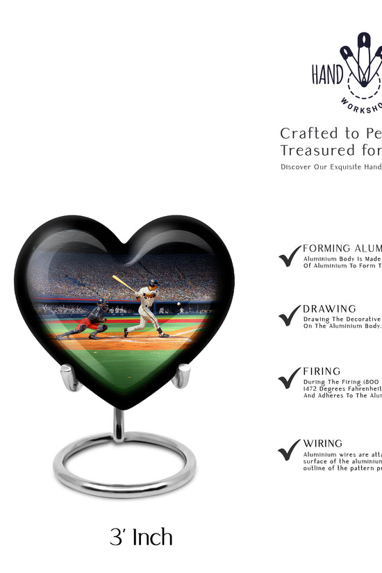 Glossy Black Baseball Cremation Urn front view showing detailed design - loving heart memorial featuring baseball pattern - mini keepsake memorial for portion of cremation ashes