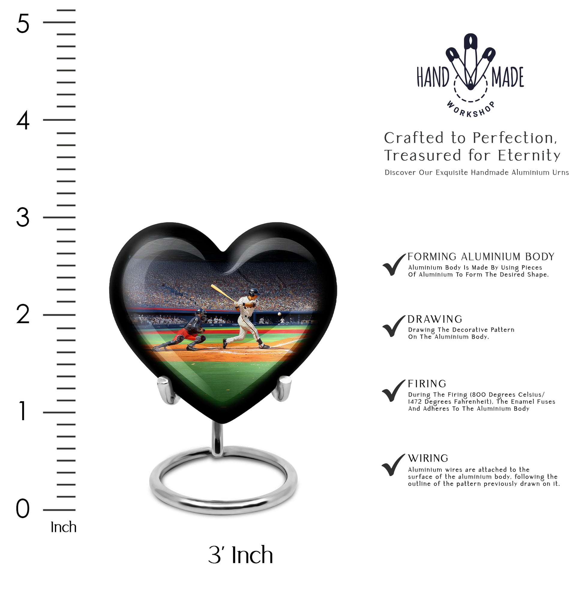 Glossy Black Baseball Cremation Urn front view showing detailed design - loving heart memorial featuring baseball pattern - mini keepsake memorial for portion of cremation ashes