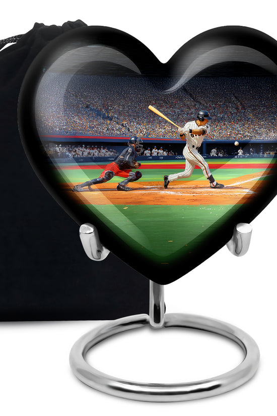 Dark Black Baseball Cremation Urn detail view - romantic heart urn with baseball motif on aluminum - full-size 10 inch 200 cubic inch adult cremation urn