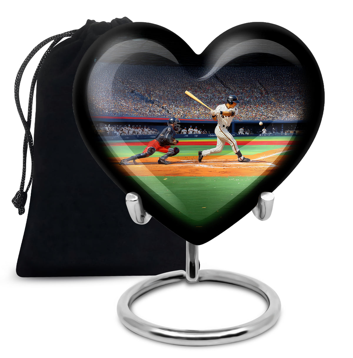 Dark Black Baseball Cremation Urn detail view - romantic heart urn with baseball motif on aluminum - full-size 10 inch 200 cubic inch adult cremation urn