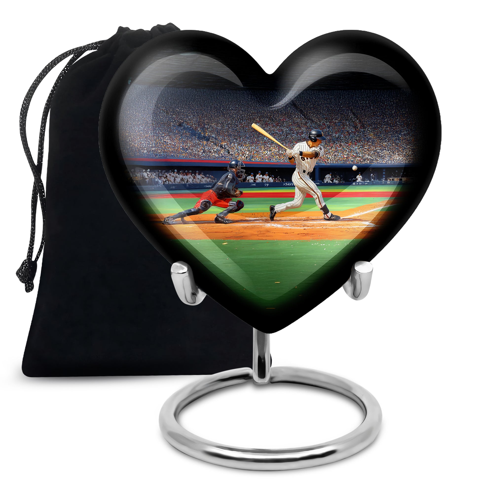 Dark Black Baseball Cremation Urn detail view - romantic heart urn with baseball motif on aluminum - full-size 10 inch 200 cubic inch adult cremation urn