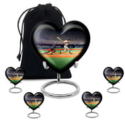 Deep Black Baseball Cremation Urn close-up of engraving and surface detail - heart-shaped baseball design symbolizing eternal love - memorial set with one large and four small urns