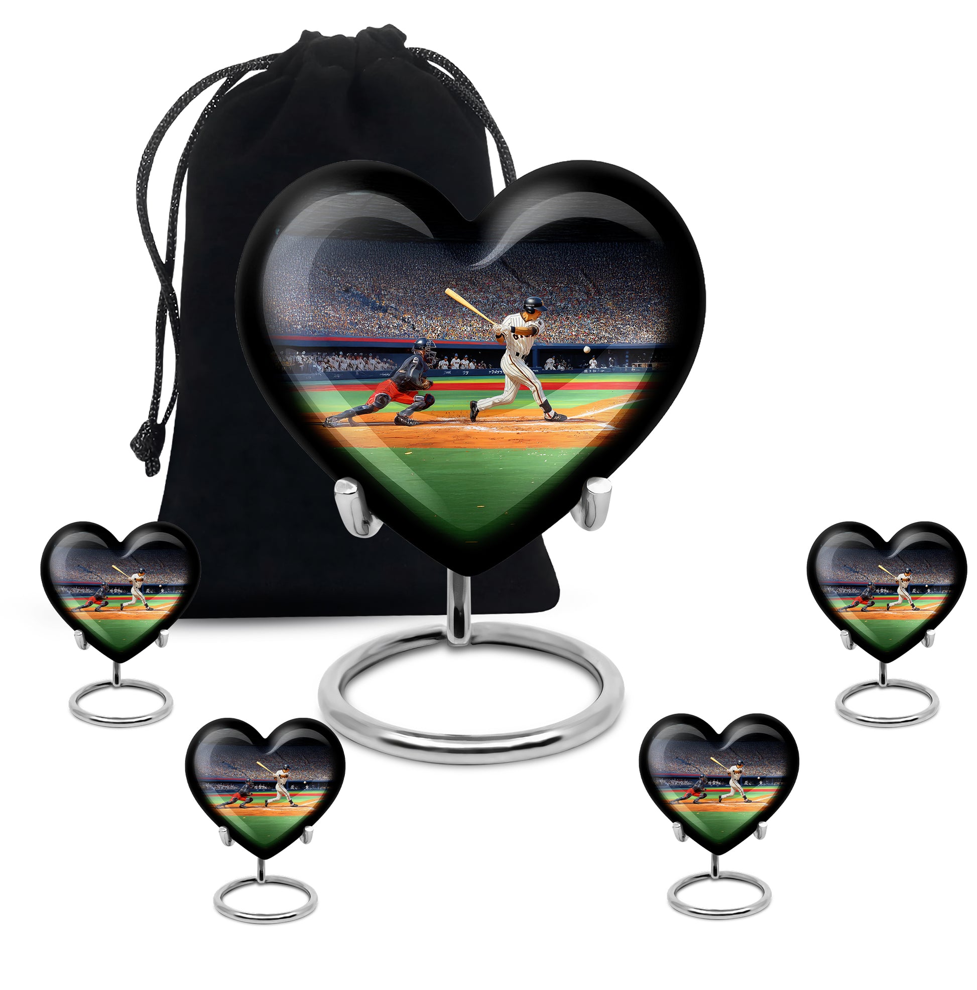 Deep Black Baseball Cremation Urn close-up of engraving and surface detail - heart-shaped baseball design symbolizing eternal love - memorial set with one large and four small urns