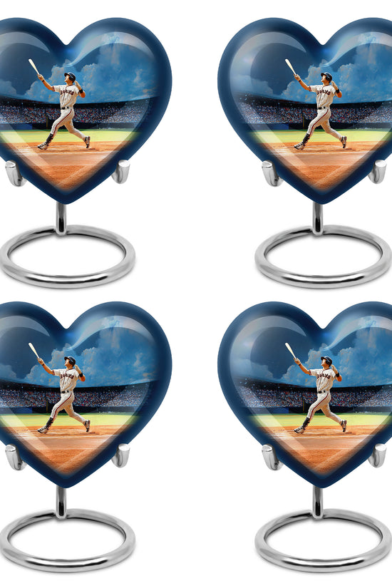 Royal Blue Baseball Cremation Urn angled view of lid and engraved motif - romantic heart urn with baseball motif on aluminum - 10 inch aluminum urn for cremated remains