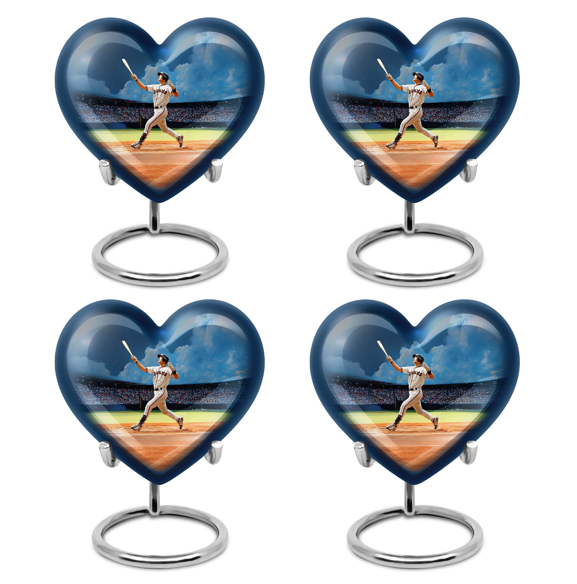 Royal Blue Baseball Cremation Urn angled view of lid and engraved motif - romantic heart urn with baseball motif on aluminum - 10 inch aluminum urn for cremated remains