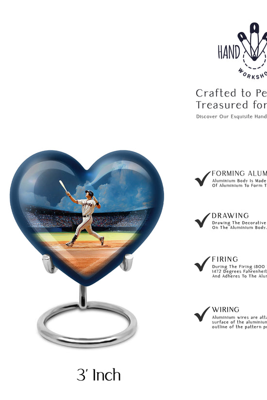 Serene Blue Baseball Cremation Urn front view showing detailed design - compassionate heart-baseball combination with gentle curves - mini keepsake memorial for portion of cremation ashes