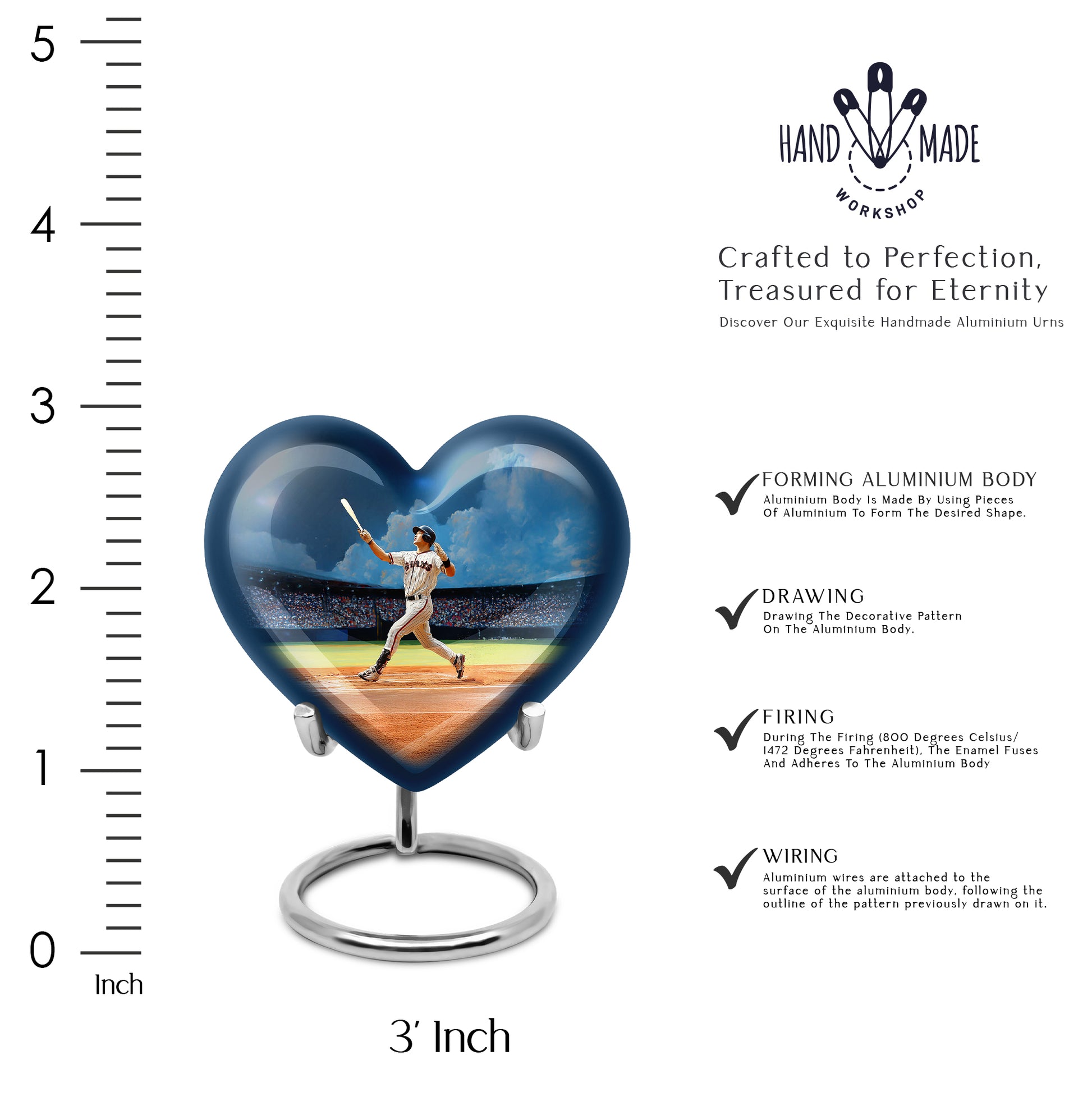Serene Blue Baseball Cremation Urn front view showing detailed design - compassionate heart-baseball combination with gentle curves - mini keepsake memorial for portion of cremation ashes