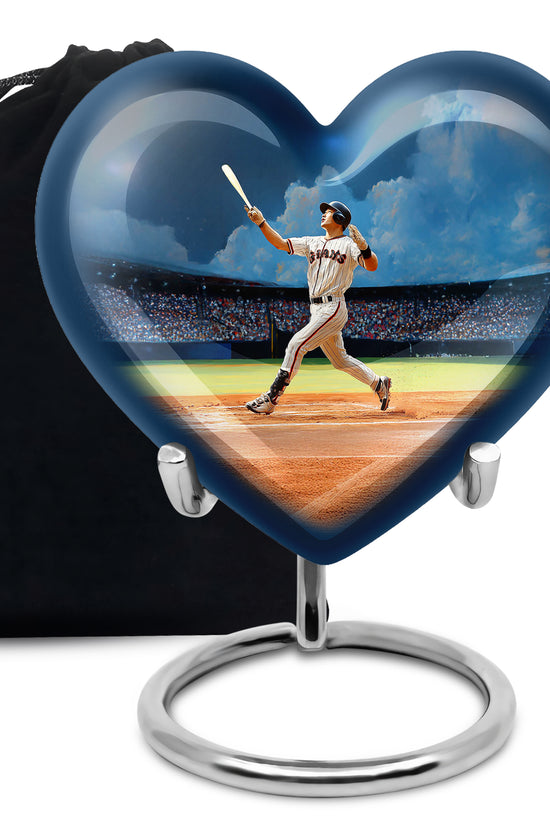 Indigo Baseball Cremation Urn detail view - heart-shaped baseball design symbolizing eternal love - full-size 10 inch 200 cubic inch adult cremation urn