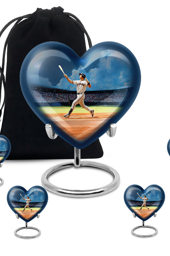 Twilight Blue Baseball Cremation Urn close-up of engraving and surface detail - compassionate heart-baseball combination with gentle curves - memorial set with one large and four small urns