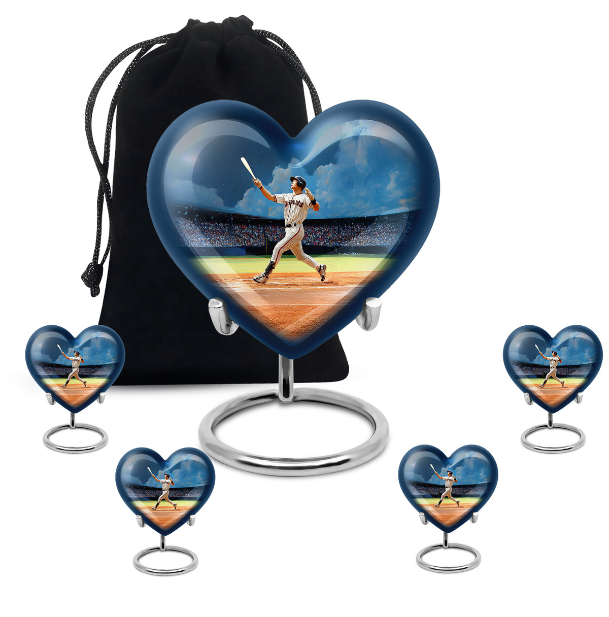 Twilight Blue Baseball Cremation Urn close-up of engraving and surface detail - compassionate heart-baseball combination with gentle curves - memorial set with one large and four small urns