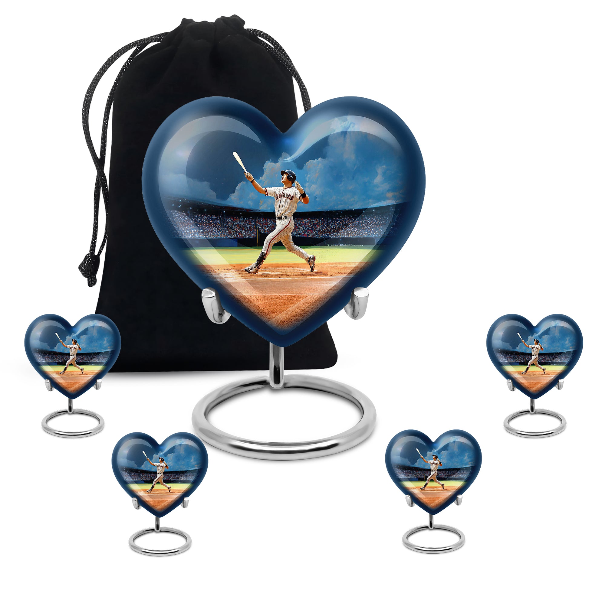 Twilight Blue Baseball Cremation Urn close-up of engraving and surface detail - compassionate heart-baseball combination with gentle curves - memorial set with one large and four small urns