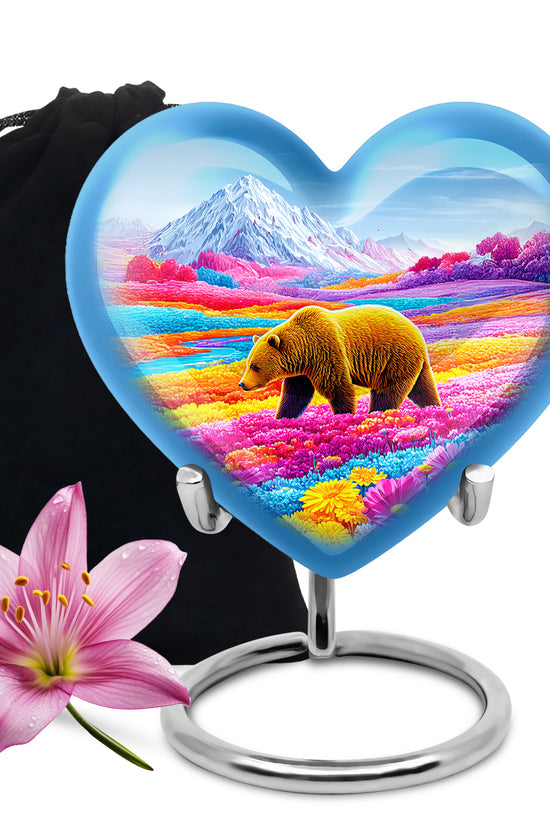 Brown Bear Funeral Urn - Colorful Flower Field Memorial Urn For Human Ashes