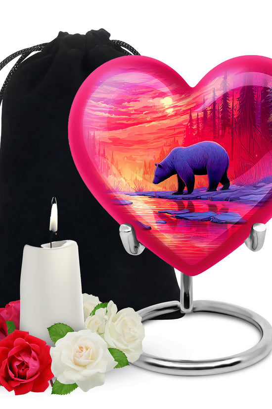 Red Sunset Bear Cremation Urn - Forest Landscape Urn For Loved Ones