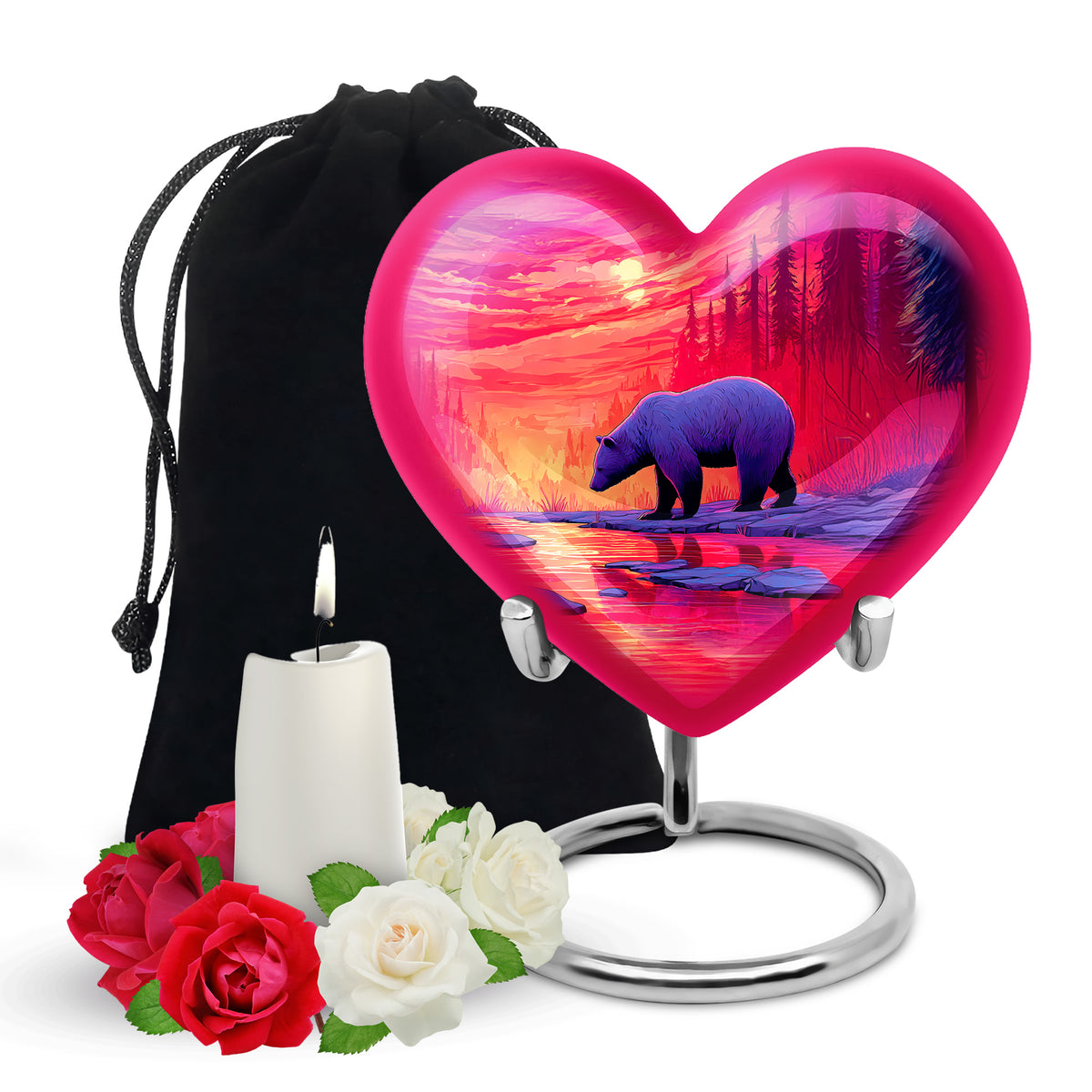 Red Sunset Bear Cremation Urn - Forest Landscape Urn For Loved Ones