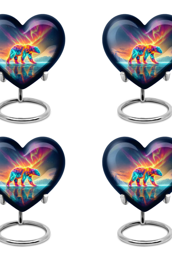 Twilight Blue Bear Cremation Urn angled view of lid and engraved motif - romantic heart urn with bear motif on aluminum - 10 inch aluminum urn for cremated remains