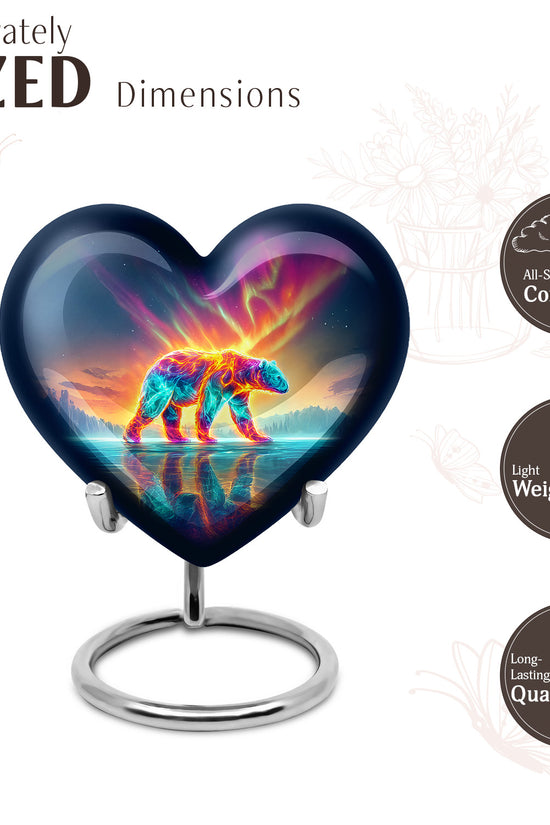 Royal Blue Bear Cremation Urn front view showing detailed design - romantic heart urn with bear motif on aluminum - mini keepsake memorial for portion of cremation ashes