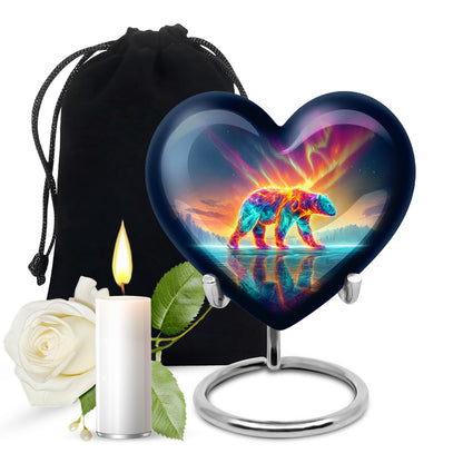Dusty Blue Bear Cremation Urn detail view - loving heart memorial featuring bear pattern - full-size 10 inch 200 cubic inch adult cremation urn