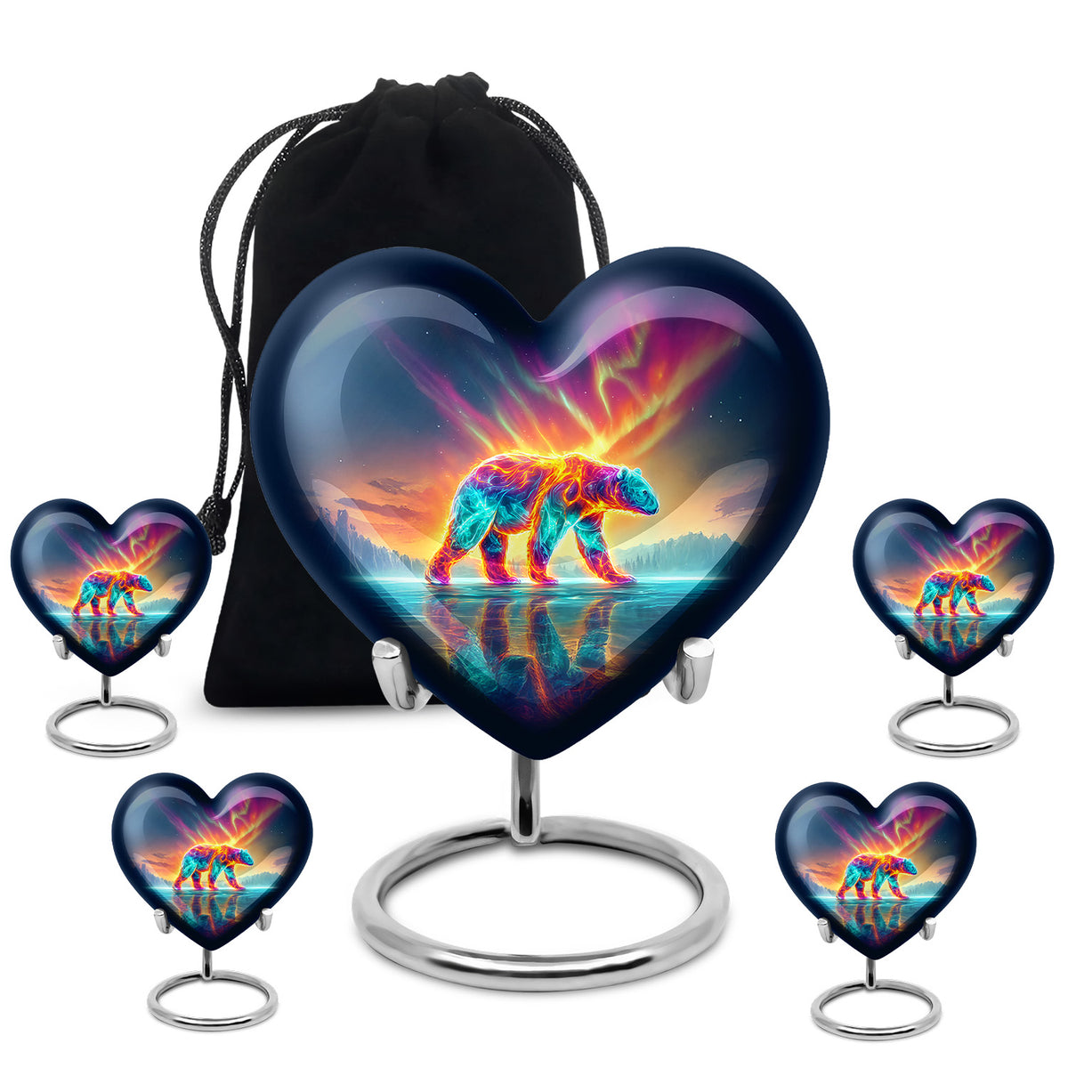 Slate Blue Bear Cremation Urn close-up of engraving and surface detail - heart-shaped bear design symbolizing eternal love - memorial set with one large and four small urns