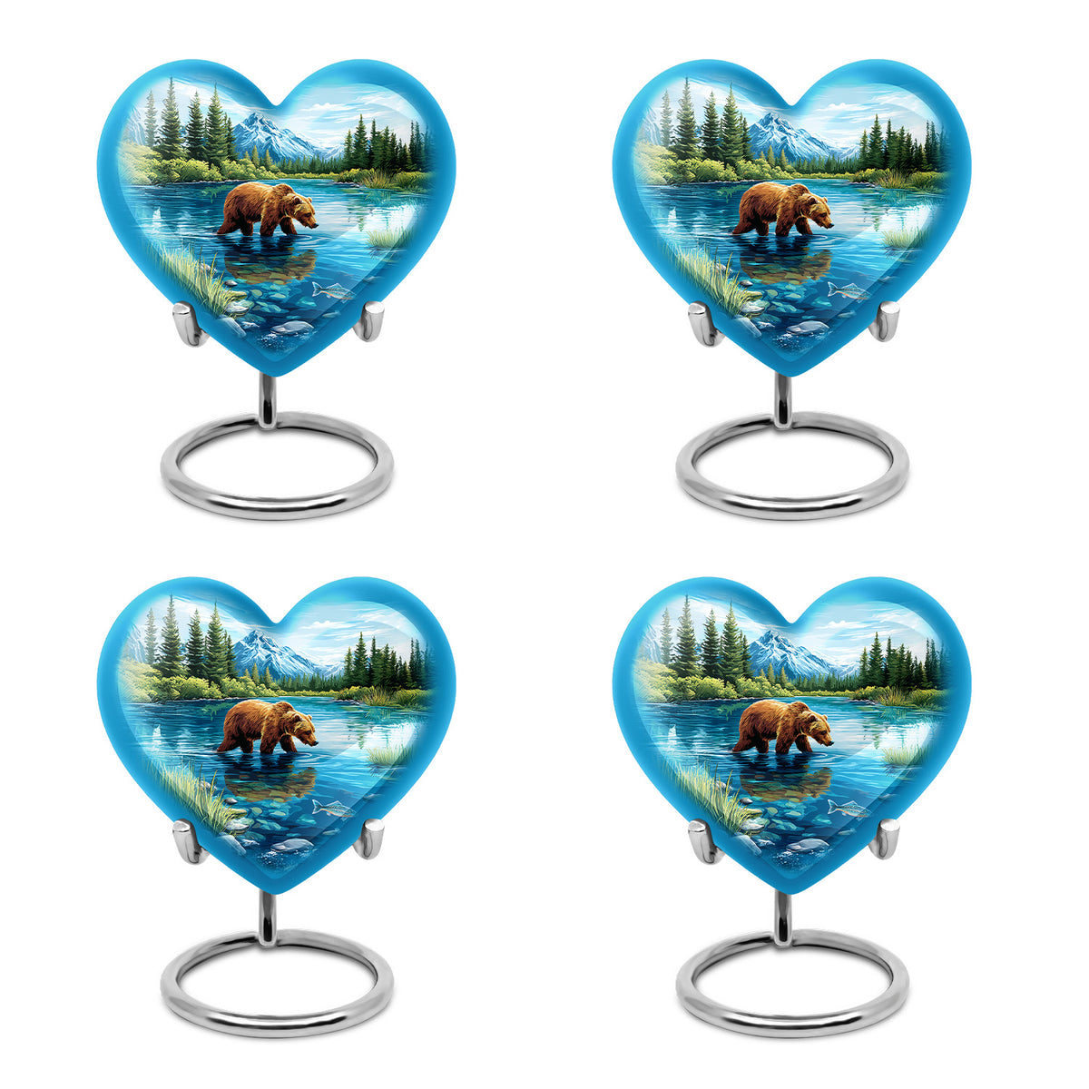 Royal Blue Bear Cremation Urn angled view of lid and engraved motif - compassionate heart-bear combination with gentle curves - 10 inch aluminum urn for cremated remains