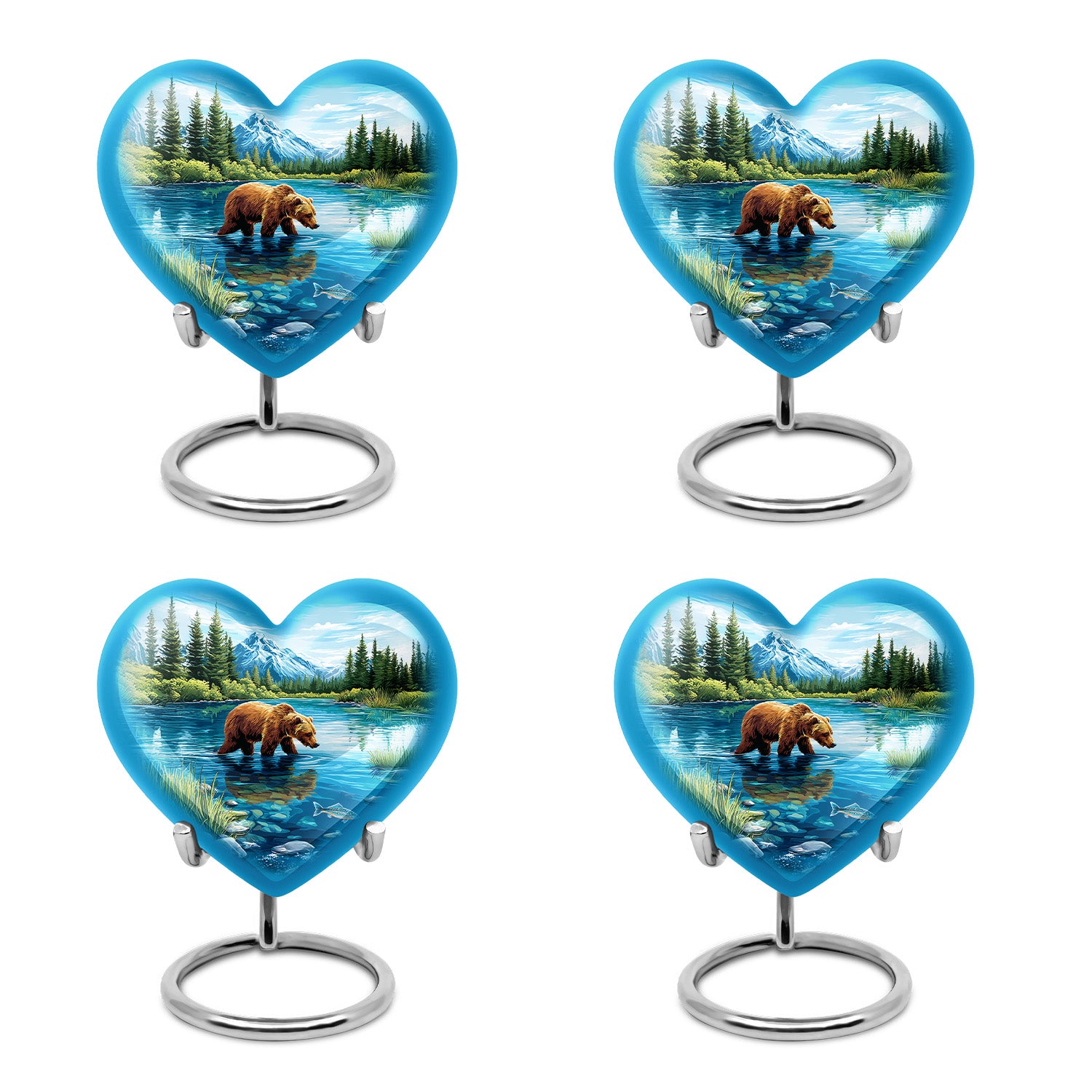 Royal Blue Bear Cremation Urn angled view of lid and engraved motif - compassionate heart-bear combination with gentle curves - 10 inch aluminum urn for cremated remains