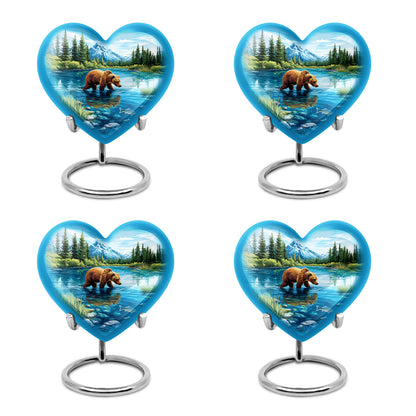 Royal Blue Bear Cremation Urn angled view of lid and engraved motif - compassionate heart-bear combination with gentle curves - 10 inch aluminum urn for cremated remains