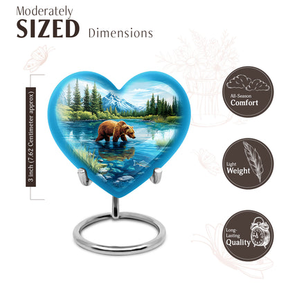 Celestial Blue Bear Cremation Urn front view showing detailed design - heart-shaped bear design symbolizing eternal love - mini keepsake memorial for portion of cremation ashes