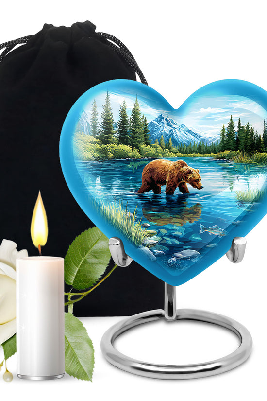 Cornflower Blue Bear Cremation Urn detail view - romantic heart urn with bear motif on aluminum - full-size 10 inch 200 cubic inch adult cremation urn