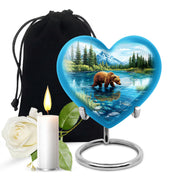 Cornflower Blue Bear Cremation Urn detail view - romantic heart urn with bear motif on aluminum - full-size 10 inch 200 cubic inch adult cremation urn