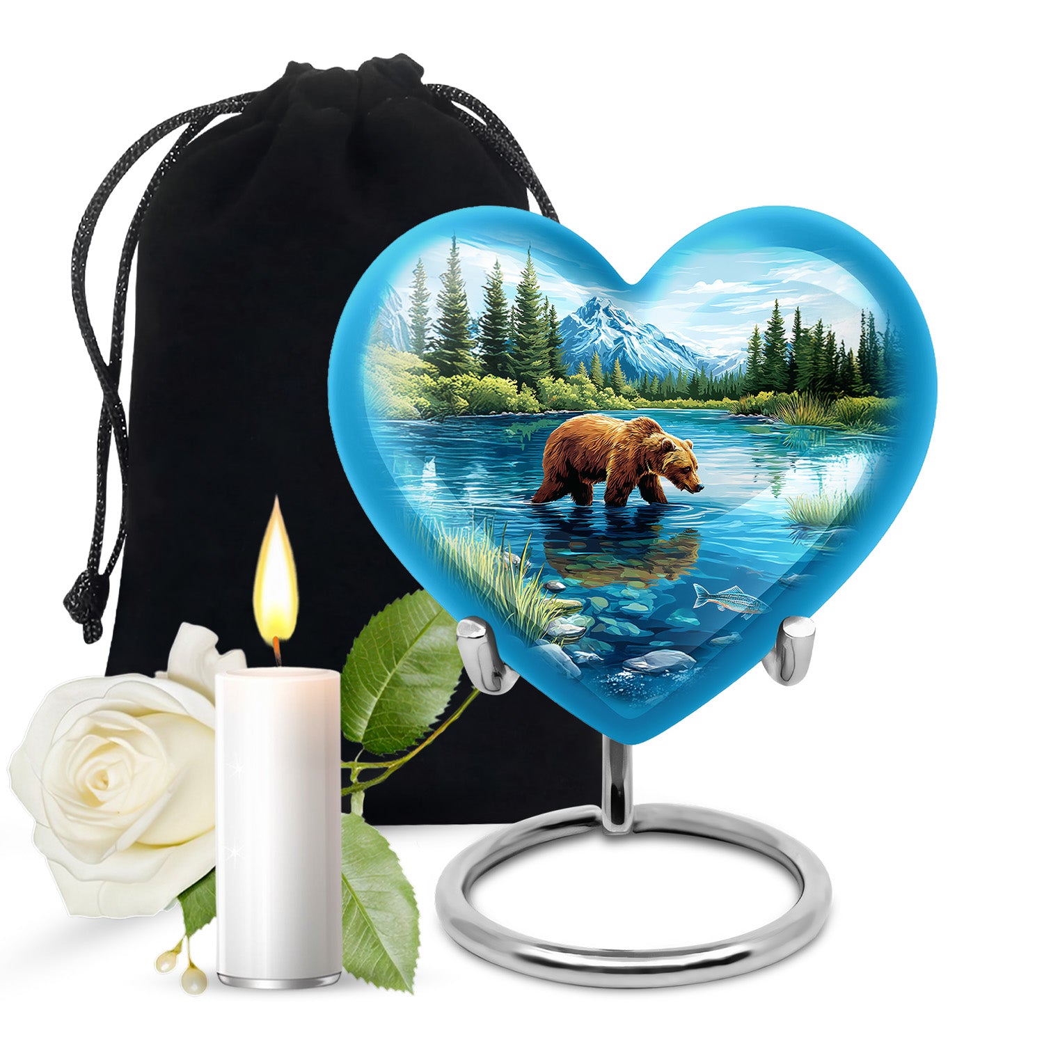 Cornflower Blue Bear Cremation Urn detail view - romantic heart urn with bear motif on aluminum - full-size 10 inch 200 cubic inch adult cremation urn