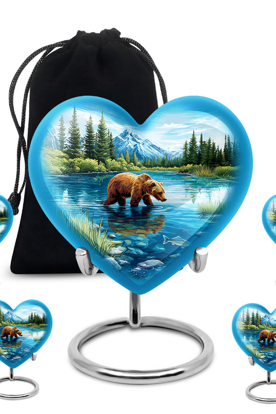 Soft Blue Bear Cremation Urn close-up of engraving and surface detail - compassionate heart-bear combination with gentle curves - memorial set with one large and four small urns