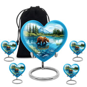 Soft Blue Bear Cremation Urn close-up of engraving and surface detail - compassionate heart-bear combination with gentle curves - memorial set with one large and four small urns