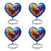 Dusty Blue Bear Cremation Urn angled view of lid and engraved motif - loving heart memorial featuring bear pattern - 10 inch aluminum urn for cremated remains
