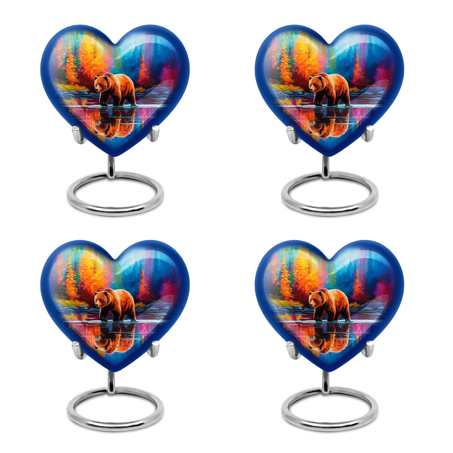 Dusty Blue Bear Cremation Urn angled view of lid and engraved motif - loving heart memorial featuring bear pattern - 10 inch aluminum urn for cremated remains