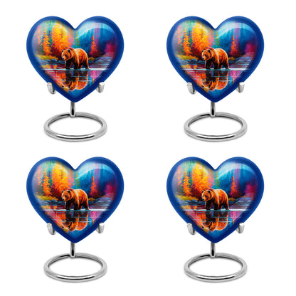 Dusty Blue Bear Cremation Urn angled view of lid and engraved motif - loving heart memorial featuring bear pattern - 10 inch aluminum urn for cremated remains