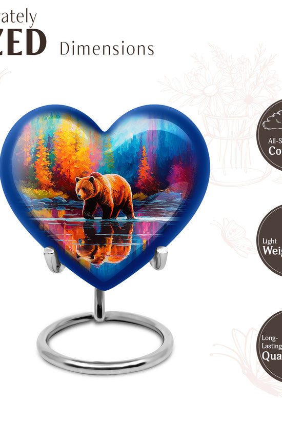 Bright Blue Bear Cremation Urn front view showing detailed design - romantic heart urn with bear motif on aluminum - mini keepsake memorial for portion of cremation ashes