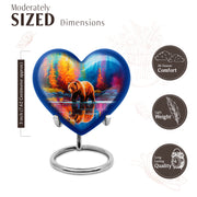 Bright Blue Bear Cremation Urn front view showing detailed design - romantic heart urn with bear motif on aluminum - mini keepsake memorial for portion of cremation ashes