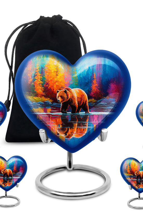 Cobalt Blue Bear Cremation Urn close-up of engraving and surface detail - compassionate heart-bear combination with gentle curves - memorial set with one large and four small urns