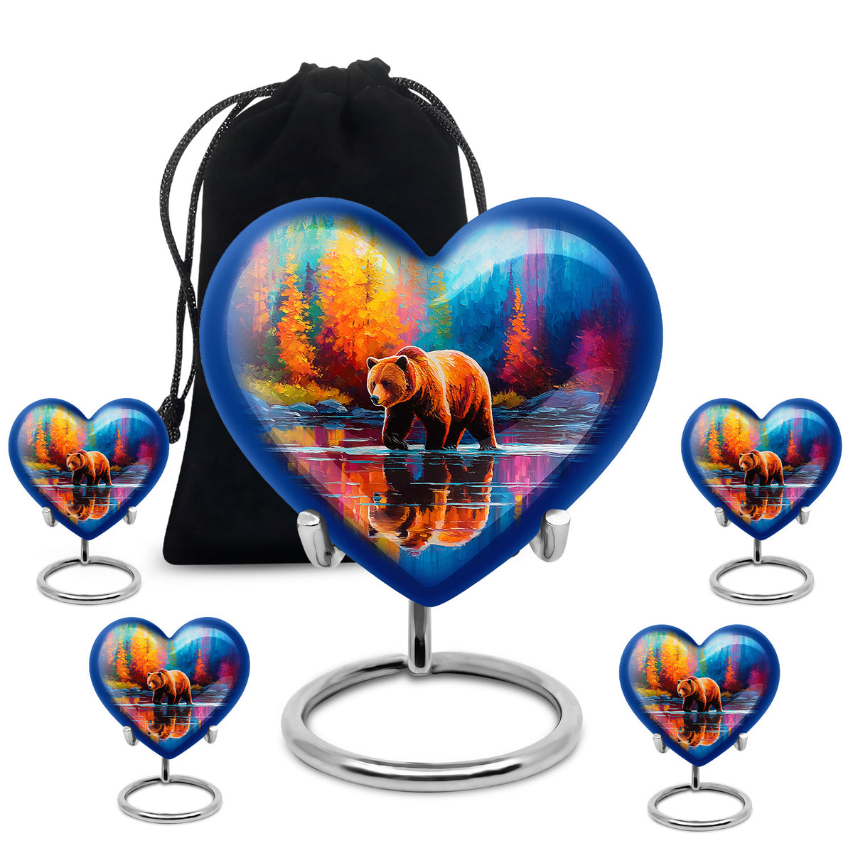 Cobalt Blue Bear Cremation Urn close-up of engraving and surface detail - compassionate heart-bear combination with gentle curves - memorial set with one large and four small urns