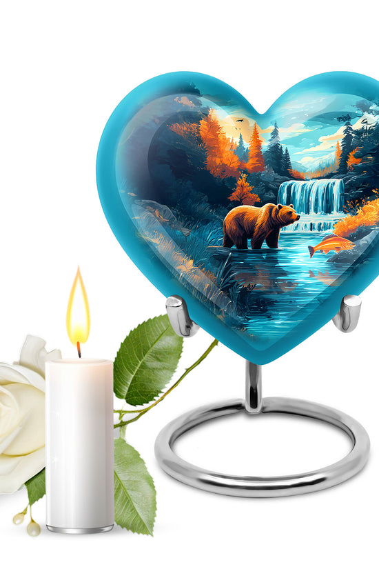 Teal Breathtaking Bear Memorial Urn for Ashes - 10-inch, 200 cu in - Yatskia