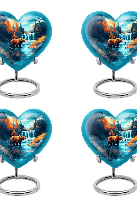 Cool Teal Bear Cremation Urn angled view of lid and engraved motif - heart-shaped bear design symbolizing eternal love - 10 inch aluminum urn for cremated remains