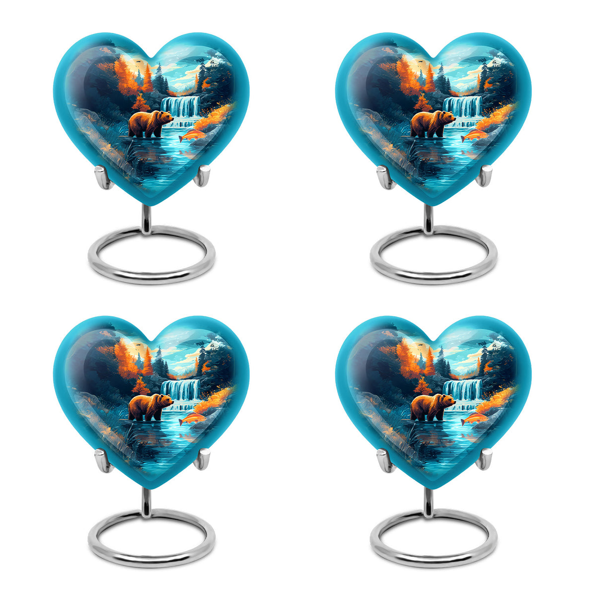 Cool Teal Bear Cremation Urn angled view of lid and engraved motif - heart-shaped bear design symbolizing eternal love - 10 inch aluminum urn for cremated remains