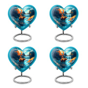 Cool Teal Bear Cremation Urn angled view of lid and engraved motif - heart-shaped bear design symbolizing eternal love - 10 inch aluminum urn for cremated remains