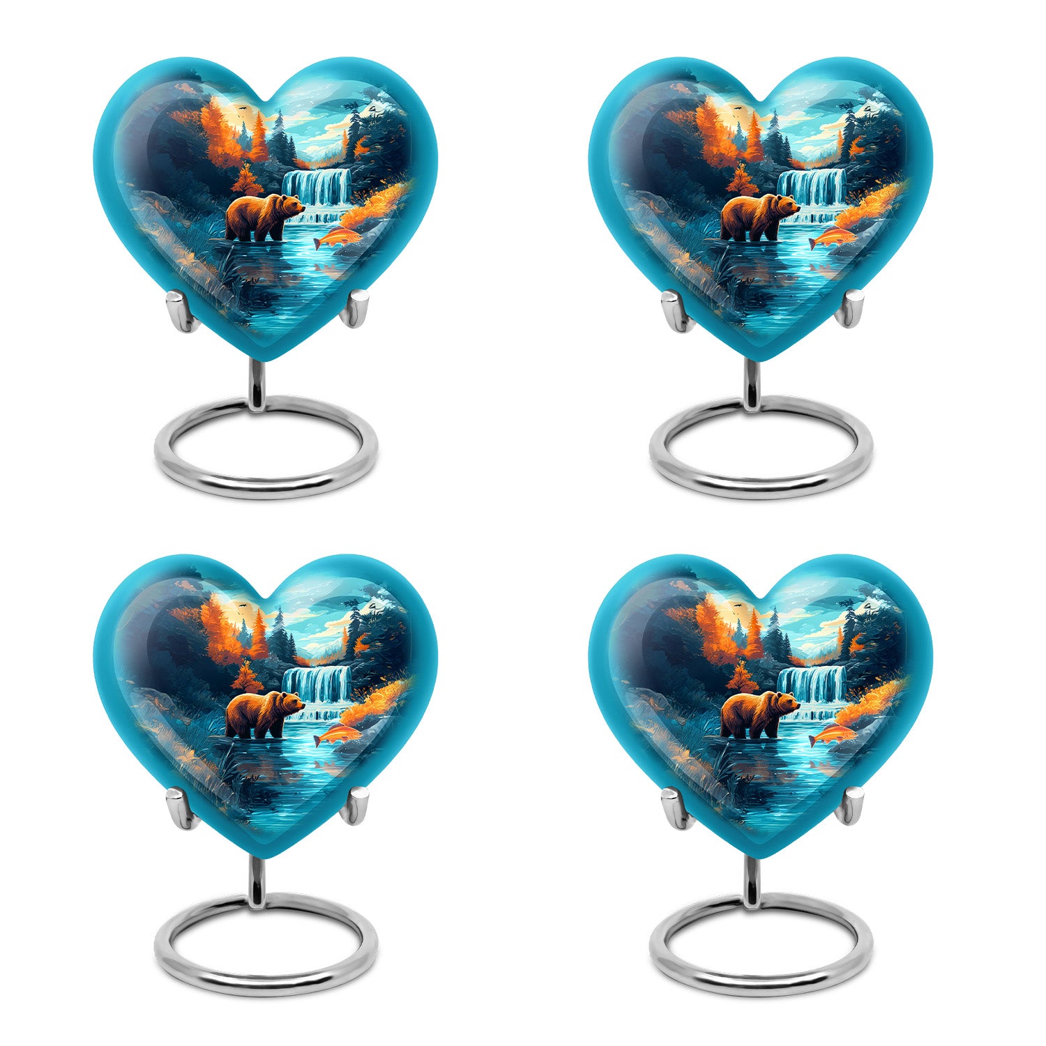 Cool Teal Bear Cremation Urn angled view of lid and engraved motif - heart-shaped bear design symbolizing eternal love - 10 inch aluminum urn for cremated remains