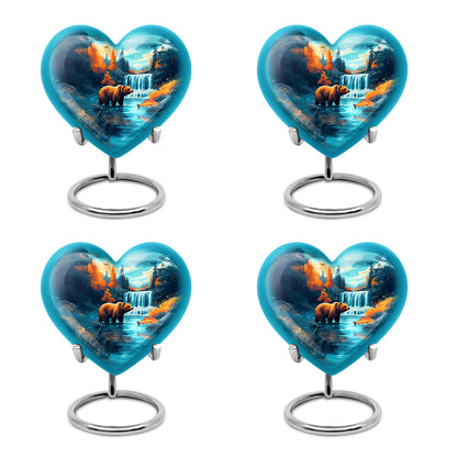 Cool Teal Bear Cremation Urn angled view of lid and engraved motif - heart-shaped bear design symbolizing eternal love - 10 inch aluminum urn for cremated remains