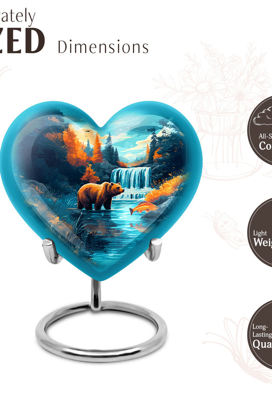 Mystic Teal Bear Cremation Urn front view showing detailed design - compassionate heart-bear combination with gentle curves - mini keepsake memorial for portion of cremation ashes