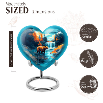 Mystic Teal Bear Cremation Urn front view showing detailed design - compassionate heart-bear combination with gentle curves - mini keepsake memorial for portion of cremation ashes