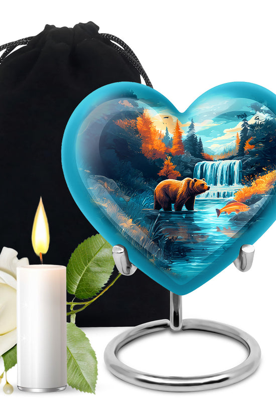 Tropical Teal Bear Cremation Urn detail view - compassionate heart-bear combination with gentle curves - full-size 10 inch 200 cubic inch adult cremation urn