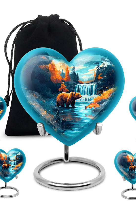 Vivid Teal Bear Cremation Urn close-up of engraving and surface detail - romantic heart urn with bear motif on aluminum - memorial set with one large and four small urns