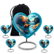 Vivid Teal Bear Cremation Urn close-up of engraving and surface detail - romantic heart urn with bear motif on aluminum - memorial set with one large and four small urns